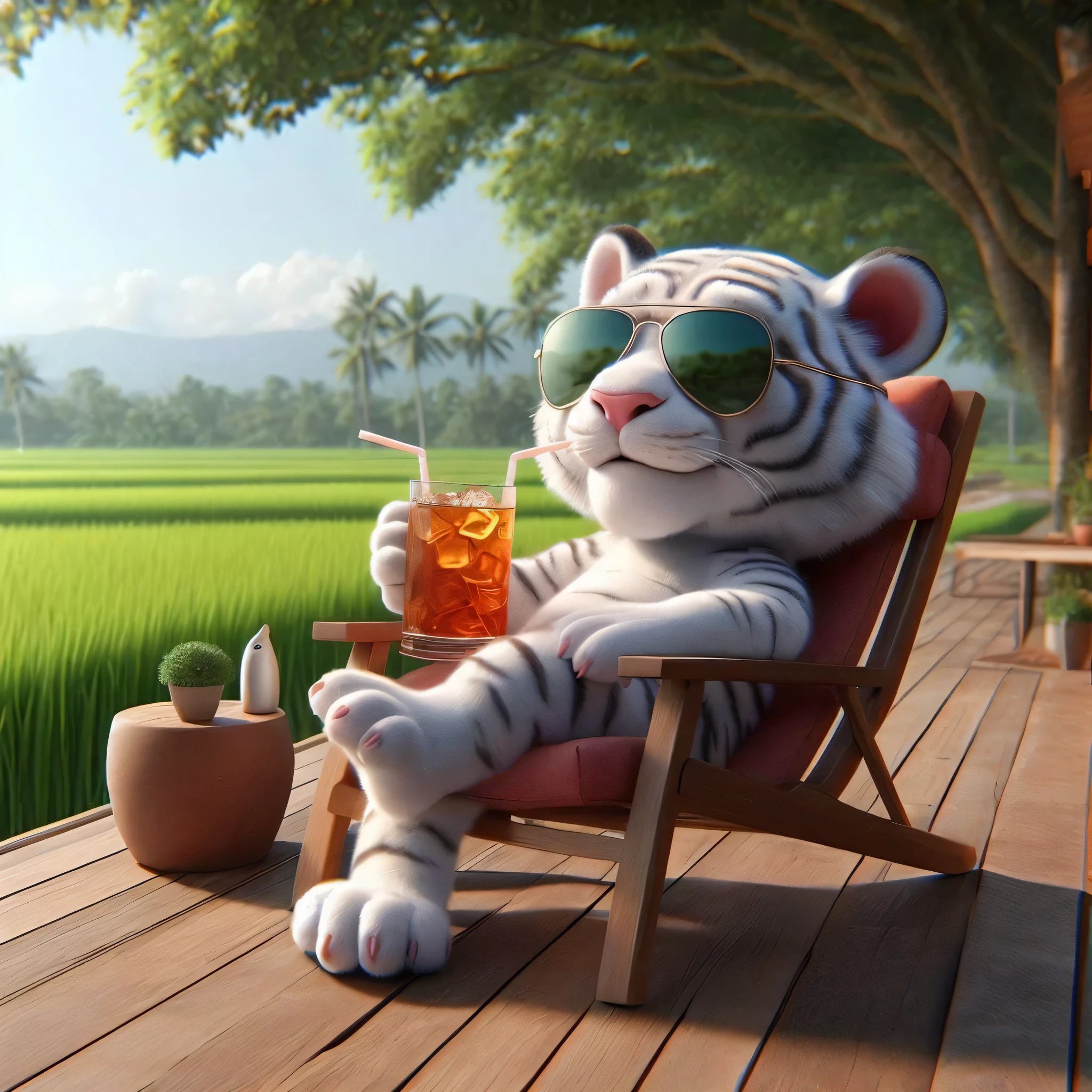 there is a white tiger sitting in a chair with a drink, cute 3 d render, for hire 3d artist, relaxing concept art, realistic 3 d style, 3 d cartoon, 3d animated, 3 d animated, 3 d epic illustrations, trend on behance 3 d art, trend on behance 3d art, anthropomorphic tiger