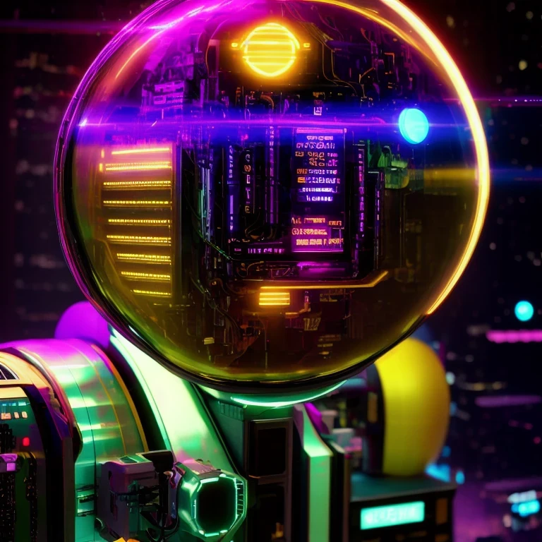 late night，cyberpunk lamp（（（Side view）））side close-up，a close up of a robot with a glowing head and a purple background, cyber mech, in style of beeple, cyberpunk pikachu, style hybrid mix of beeple, 3 d render beeple, cute elaborate epic robot, beeple masterpiece, cyberpunk art style, yellow mech, beeple!!, cyber steampunk 8 k 3 d（（（future）））（Telephoto angle of view）（Tilt-Shift）