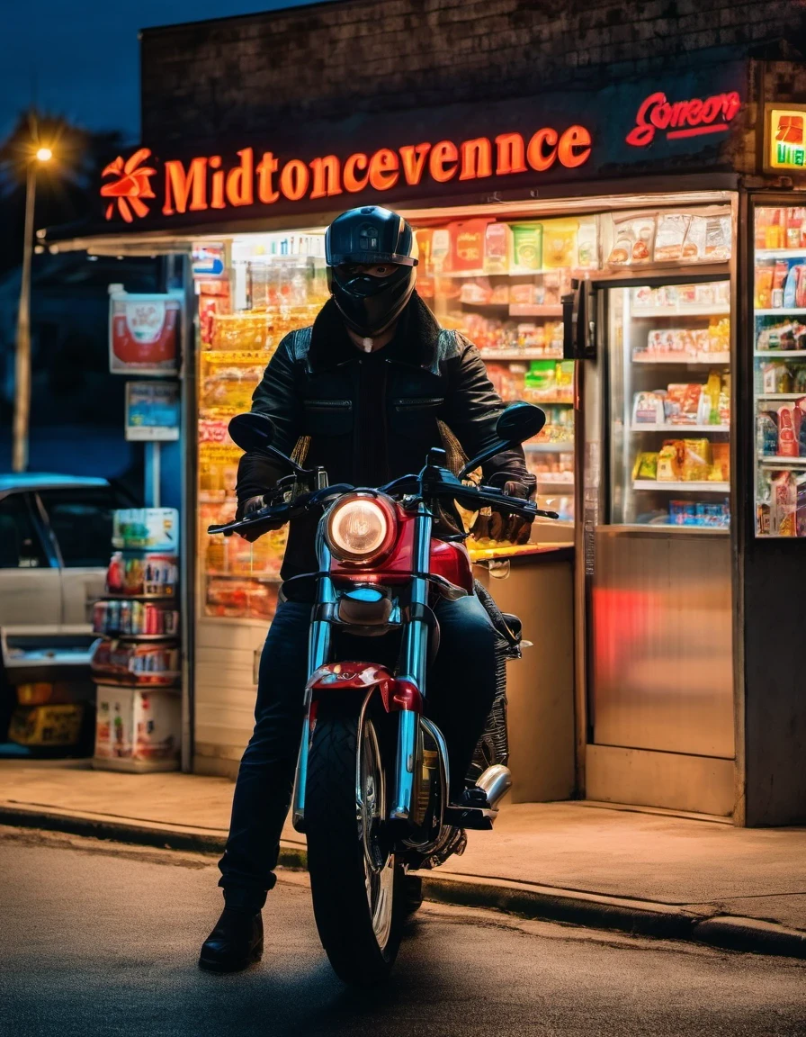 (midnight convenience store，Midnight convenience store), Masked man with gun，motorcycle，commercial photography, Canon EF 35mm, f1.8, Photography, fine detail, highly photorealistic, HD, HDR, 8K, real-life.