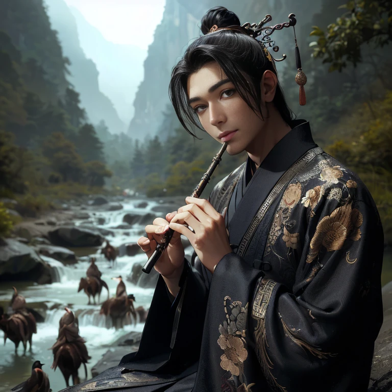 (Best Quality:1.2), (high resolution:1.2), (beautiful face and eye:1.2), (sharpest focus:1.2), (Ultra-realistic Photo:1.2), (Ultra-precise Photo:1.2), (Depth of field:1.2), (8k high resolution:1.2), (perfect :1.2), (nice hands:1.5), 
(perfect hands:1.5), (Very young and masculine and dignified and beautiful Chinese male:1.5), (Beautiful nobleman:1.0), (A beautiful nobleman:1.0), (A shiny black hermit-like garment with fancy embroidery:1.0), (A gentle smile:1.3), 
(Playing an iron flute:1.5), (A secluded hermit-like place deep in the mountains of China:1.0), (A mysterious fairyland:1.2), (Birds and animals gathered to listen to the sound of the flute:1.3), (Looking up angle:1.0), 