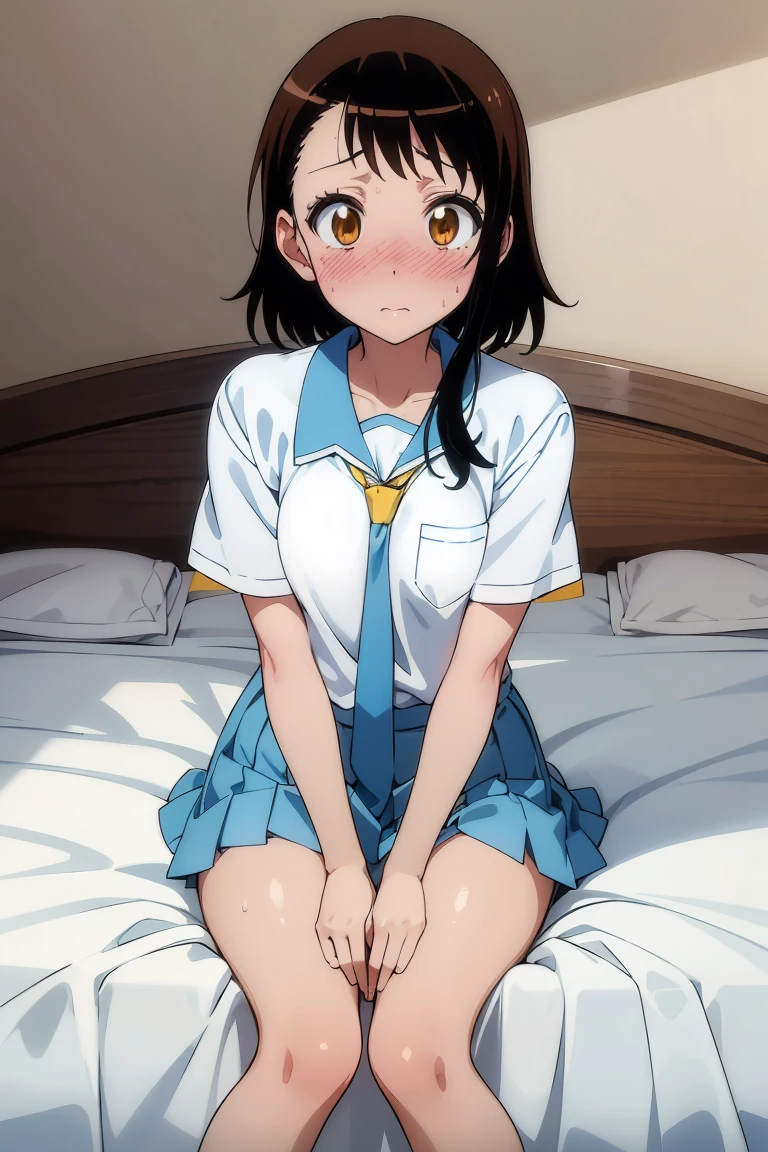 (masterpiece,highest quality,ultra high resolution),(perfect face, perfect body、perfect hands,pretty eyes),(kosaki onodera),(embarrassing、avert your eyes、blush:1.4),(small breasts),(uniform、Light blue collar、white shirt、Yellow tie、light blue pleated skirt、white socks),(love nest,Double bed、on the bed、sit:1.2),(Sweat、Sweatばむ、burn)