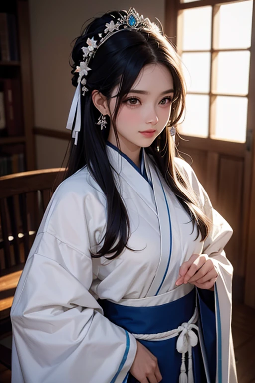 Excelente qualidade, obra de arte, High Resolutisobre, 1 garota, corar, (sorriso sedutor: 0.8), Aluno Estelar, Chinese Hanfu, hair accessories, colar, joia, Beleza, sobre_corpo, Efeito Tyndall, realista, Sala das Sombras, Borda clara, Two-tsobree Lighting, (pele com alto detalhe: 1.2), 8k UHD, SLR, Luz suave, alta qualidade, volumetric lighting, candid photo, High Resolutisobre, 4K, 8k, desfoque de fundo, Real Perssobre