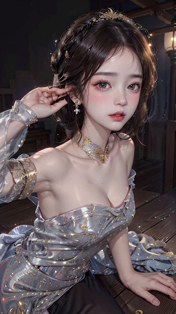 skirt, 最好的quality,Super detailed,actual,high resolution,portrait,20 year old girl，Phoenix pattern clothing，Flawless white and pink face，Head ornaments，Black hair standing up&#39;size，非常beauty和清澈的棕色眼睛，Small redness，Colored lips，charming smile，jewelry worn around the neck，ear，Teeth are white and even，high nose bridge，Beautiful breasts、huge breasts:1.4，plump breasts， Thin legs，Black fine-knit socks，portrait，most realistic，最好的quality，Better pixels，8k ultra，high level of detail,8K resolution,超high resolution,A young girl, a beautiful girl，short 详细of the head发，bun，lipstick，earrings&#39;ear到丘疹，necklace，Light black eyes，光滑of the head发,clavicle,Exquisite and perfect facial features, The most beautiful big eyes,long eyelashes,The eyes are gentle and the silkworms are lying，Dynamic angle,quality&#39;Extreme image,highest accuracy,Accurate、perfect human anatomy，(((business attire，Slim fit cheongsam，Gold embroidery)))，((sit))，Warm scene，超high resolution，超轻中国古风飘逸黑发搭配精致bun）through the edge，（flowing long hair，配一个bun:1.3））, Royal V-neck dress, Wet silk, Beautiful silk lace dress, (huge ，split),, White pink, blue ，最好的quality，of the head&#39;artwork，超high resolution，（realism：1.4），original photo，（Realistic skin texture：1.3），（film grain：1.3），（Selfie angle），1 Girl and Giant ，Beautiful details of eyes and face，of the head&#39;artwork，La 最好的quality au mieux，Beautiful breasts、huge breasts:1.4，plump breasts，The chest is more exposed， 详细of the head发, Good pink , 8k details, Upper body,，精致的clavicle，beauty的妆容，Exquisite and perfect facial features，，Luxury palace bed,Gorgeous  bed,Perfect makeup,sun rays,beauty,Exquisite,amazing,