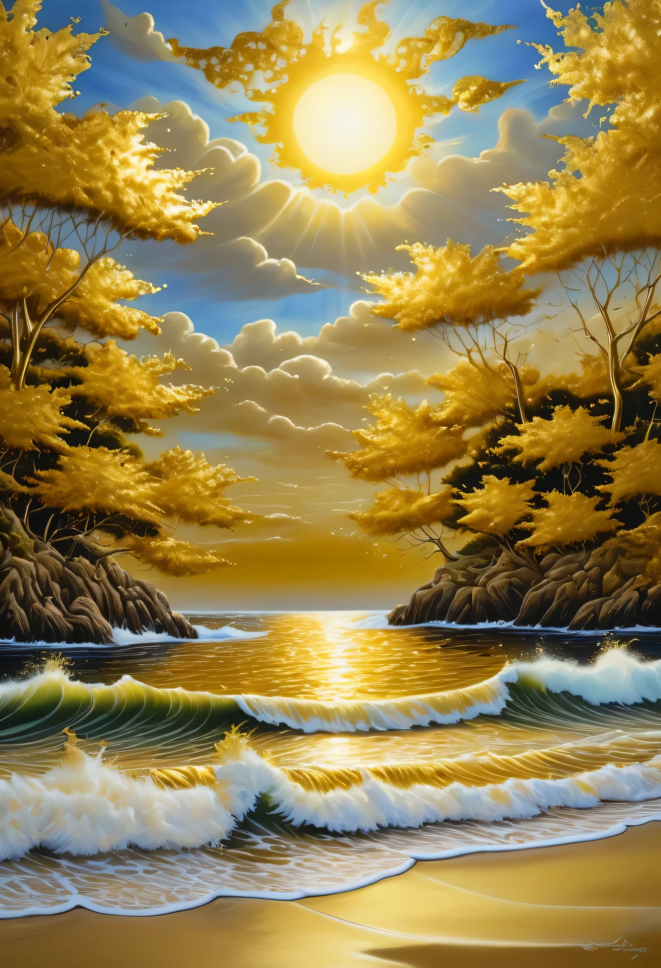 ((Gold leaf art:1.5)), art, (masterpiece),(Best quality:1.0), (ultra high resolution:1.0), detailed painting, intricate, painting of a beach, with waves sun, clouds boat on the horizon, all in art style in gold leaf:1.5, (( magical, Beautiful, otherworldly, Trees all in gold:1.4 )), (( Best quality, vibrant, 32k, well-defined light and shadows)) .