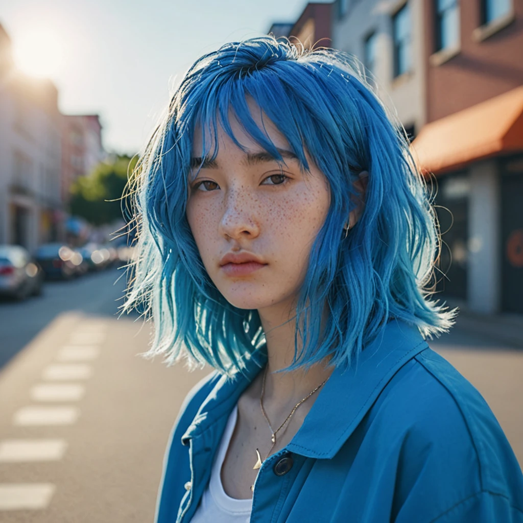 Blue Hair Best Anamorphic Lens Photography 50mm Lens Freckled Woman Close-up。In the background, the morning sun shines on her hair.、background is blurry。Hip-hop fashion。fashionable。NIKE sneakers。The whole body is visible。