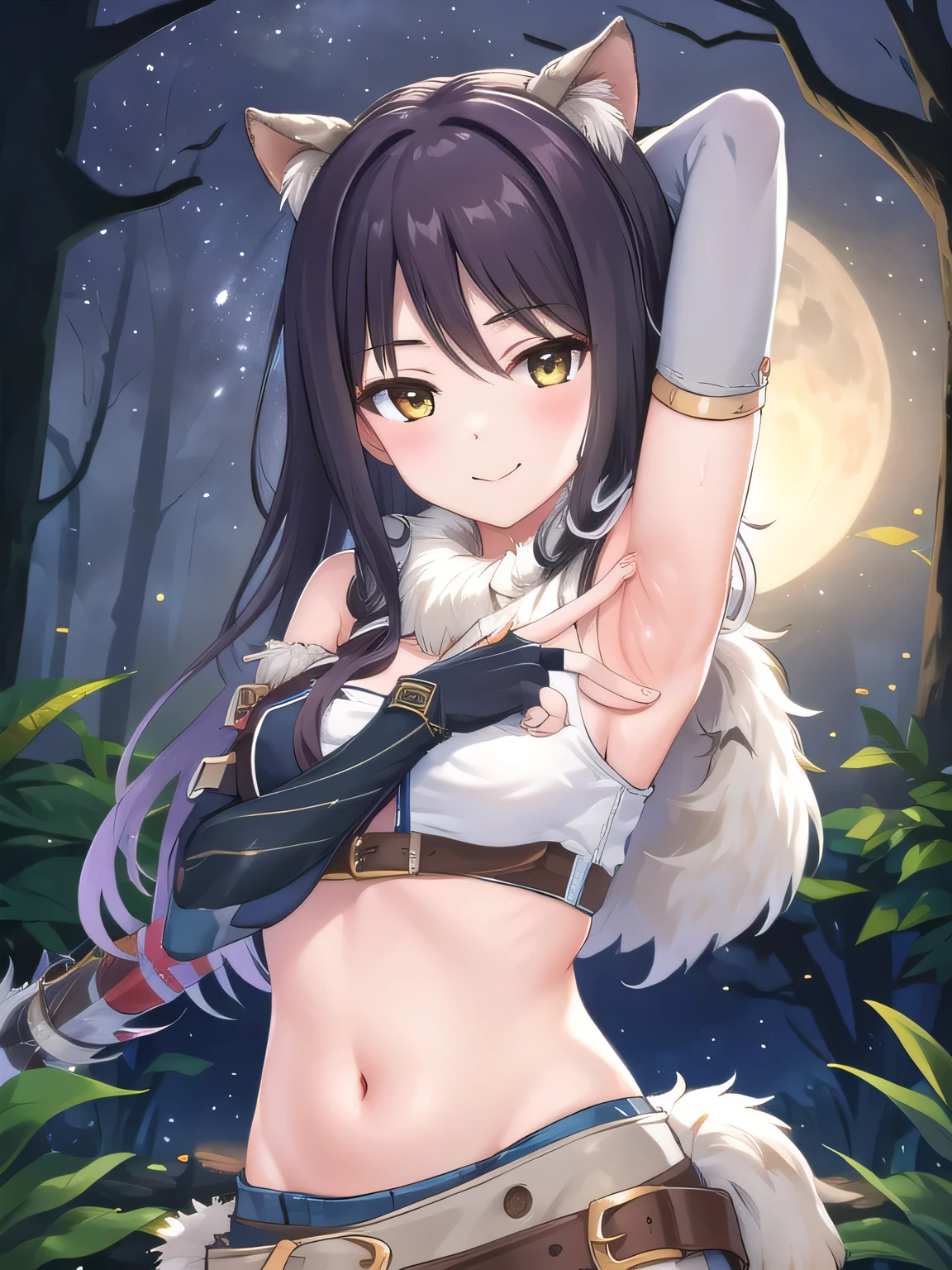 1girl, long hair,  thighhighs, midriff, skirt, crop top, quiver, bare shoulders, thighhighs under boots, bangs, gloves, belt, navel, breasts, fur trim, vambraces, miniskirt, fingerless gloves, blush, Shiori,  solo, night sky, forest, arms behind head, contrapposto, spread armpits, closed mouth, smile, upper body, best quality,