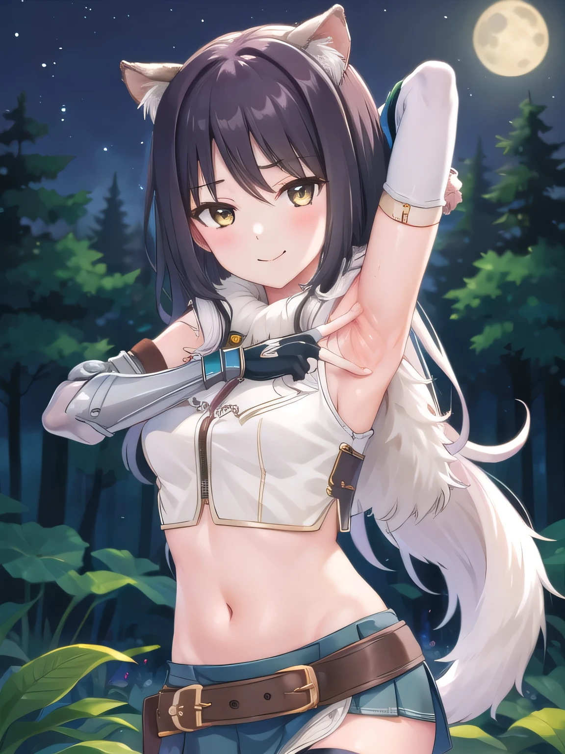 1girl, long hair,  thighhighs, midriff, skirt, crop top, quiver, bare shoulders, thighhighs under boots, bangs, gloves, belt, navel, breasts, fur trim, vambraces, miniskirt, fingerless gloves, blush, Shiori,  solo, night sky, forest, arms behind head, contrapposto, spread armpits, closed mouth, smile, upper body, best quality,