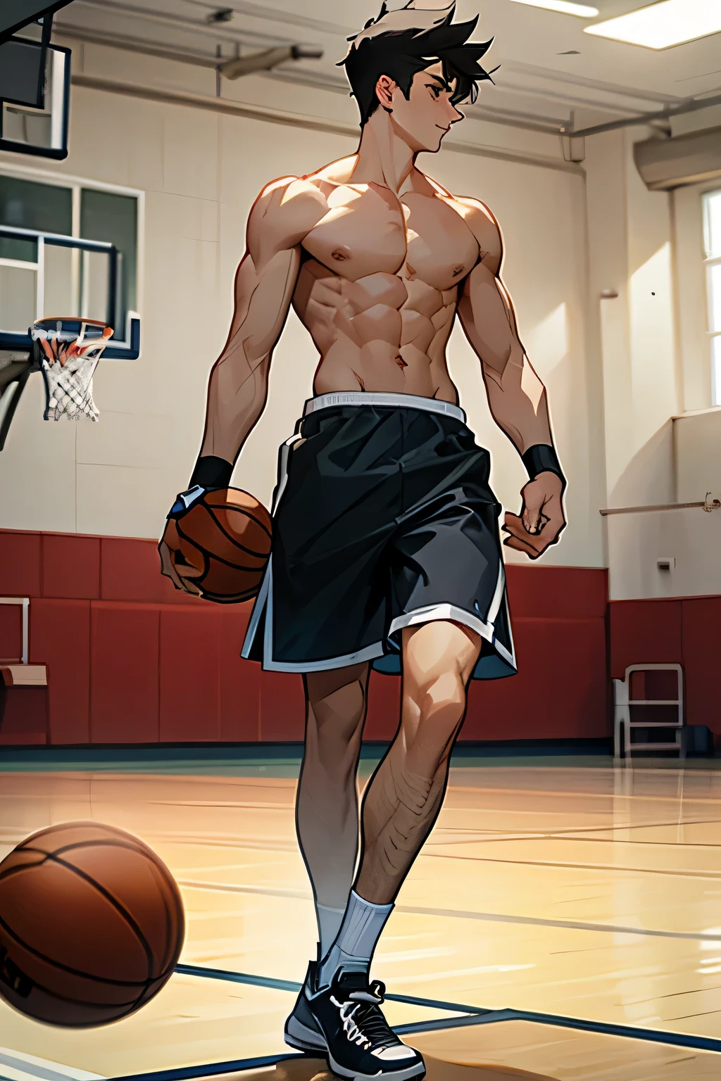 shirtless, super muscular, 22-year old short black hair handsome caucasian male wearing basketball shorts and rubber shoes, playing hoops, in the indoor basketball court