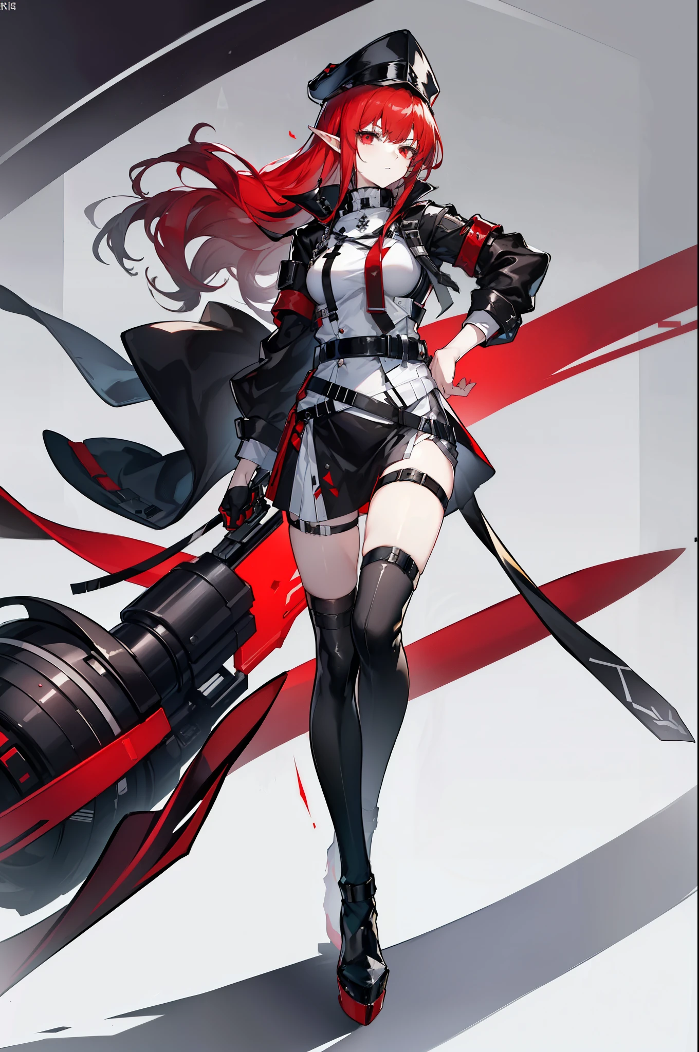 (masterpiece), best quality, expressive eyes, perfect face, sharp vision, 1 girl, alone, medium height, young adults, young woman, big deal , (long hair, red hair, side lock, Bangs, curls), (black eyes, Firm， Serious, Threatening, Leadership Aura, glowing eyes), Average height, medium height，（Motorcycle Windbreaker）, High heel, black skirt, White trim on skirt, (Black sailor cap, team leader's hat, black hat), (black hate, The red underside of the cape, Accessories, middle Ages, Vintage style clothing, White in the middle, red belt,Cyberpunk Knight，Technological， (tie, team leader, Soldier, Fleet Commander, pointed earss, Elf ears, pointed ears, Bangs),  (belt on waist, belt around waist, tape, belt),  Handsome, dynamic scene, dynamic poses, Arknights Design, Arknights style, Arknights Characters