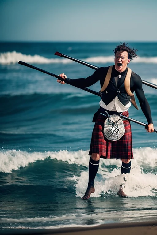 In the middle of juggling a surfboard、A cinematic tone depicts a man in a kilt feeling frustrated by delayed stomach emptying.