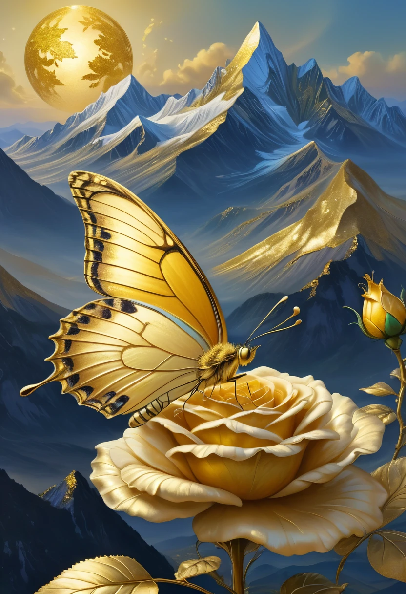 ((Gold leaf art:1.5)), art, (masterpiece),(Best quality:1.0), (ultra high resolution:1.0), detailed painting, intricate, painting of a butterfly perched on a gold rose, mountains in the background of gold, all gold:1.5, (( magical, Beautiful, otherworldly:1.4 )), (( Best quality, vibrant, 32k, well-defined light and shadows)).