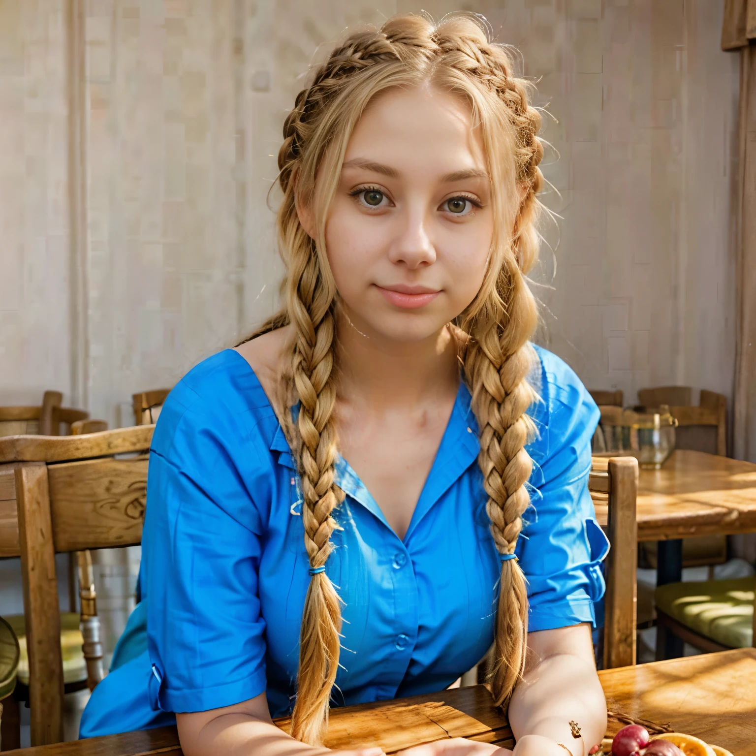 woman with long blonde hair sitting at a table with a glass of wine, blonde braids and blue eyes, girl with plaits, pigtails hairstyle, blonde braided hair, long braided hair on top of head, beautiful nordic woman, long braided blond hair, neat braided hair, long blond braided hair, a gorgeous blonde, long braided hair, two pigtails hairstyle