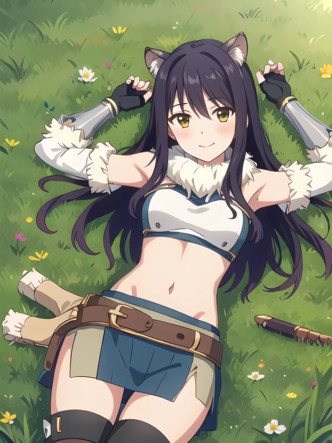 1girl, long hair, boots, thighhighs, midriff, skirt,crop top, quiver, capelet, bare shoulders, thighhighs under boots, bangs, gloves, belt, navel, breasts, fur trim, vambraces, miniskirt, fingerless gloves, blush, Shiori, solo, on grass, on back, (cowboy shot: 1.3), smile, arms up, closed mouth,