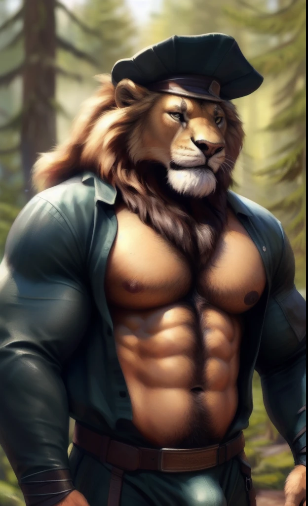 Lion, exposing pecs, showing pecs, showing chest, male, solo, adult, abs, ((mane)), pecs, big pecs, nipples, older, strong muscles, (((forest warden outfit))), ((open shirt)), forest warden hat, huge muscles, big mane, long mane, detailed face, beautiful eyes, muscular chest, muscular, serious face, bodybuilder body, beefy, forest background, looking at viewer, green pants, bulge, body hair, hairy chest, by bruteandbrawn, by personalami, by kenket, (intricate, high detail, film photography, soft focus, RAW candid cinema, photorealism, realistic, photorealistic, analog style, subsurface scattering, masterpiece, best quality, ultra realistic, 8k)