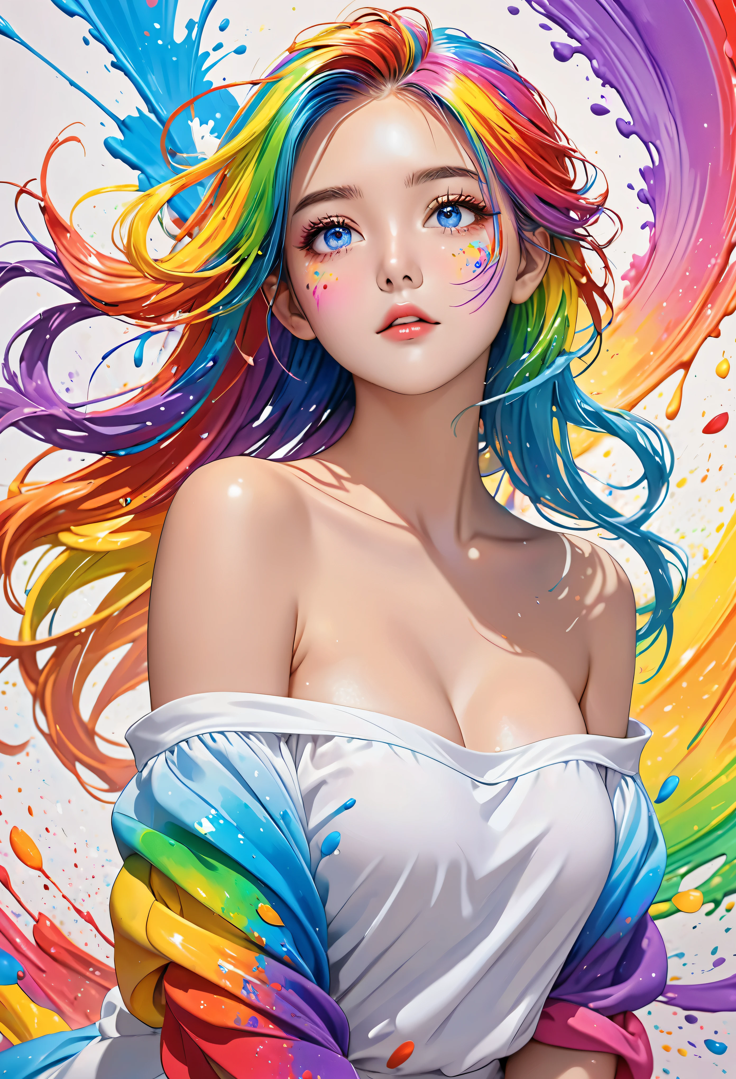 (Pink fashion T-shirt:1.9),(colorful hair: 1.8), (All colors of the rainbow: 1.8),(((((vertical drawing:1.6))), (drawing:1.6),front, comics, illustrations, drawings, big eyes, crystal clear eyes,( Rainbow gradient high ponytail:1.7), Exquisite makeup, Keep your mouth shut,(Little fresh: 1.5),(Wipe Chest: 1.6) ,long eyelashes, White off-shoulder T-shirt, white shoulder shirt,looking at the audience, 水汪汪的big eyes, (rainbow colored hair:1.6), 颜色飞splash, (alone:1.8), 颜色飞splash, color explosion, thick draw style, messy lines, ((shining)),(rich and colorful), (rich and colorful), (rich and colorful), rich and colorful, Thick draw Style, (splash) (Color splash), Vertical drawing, Upper body, draw splash, acrylic paint, slope, draw, Highest image quality, best quality, masterpiece, alone, depth of field, Face draw, rich and colorful clothes, (elegant: 1.2), Gorgeous,long hair, Wind, (elegant: 1.3), (petal: 1.4),(((masterpiece))),(((best quality))),((Super detailed)),(illustration),(Dynamic angle),((floating)),(draw),((disheveled hair)),(alone),(1 girl) , (((Detailed anima face))),((Beautiful and delicate face)),collar,bare shoulders,white hair, ((rich and colorful hair)),((striped hair)),Beautiful and delicate eyes,(slope color eyes),(((rich and colorful eyes))),(((rich and colorful background))),(((high saturation))),(((surrounded by rich and colorful splashes))),