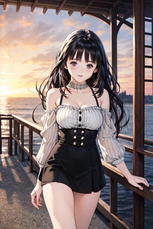 (8K、top-quality、​masterpiece:1.2)、(realisitic、ultra-detailliert、超A high resolution、1 girl,beautifull detailed face,perfect body,((long black hair)),((daytime)),Constriction、(Slim waist) :1.3)、Beautiful detailed skin、Skin Texture、Floating hair、Professional Lighting)(off-shoulder sleeves,cleavage,shirts,mini skirt,thighs),(full body:1.0),long shot,sunset,coast,full face blush,crossing hand back