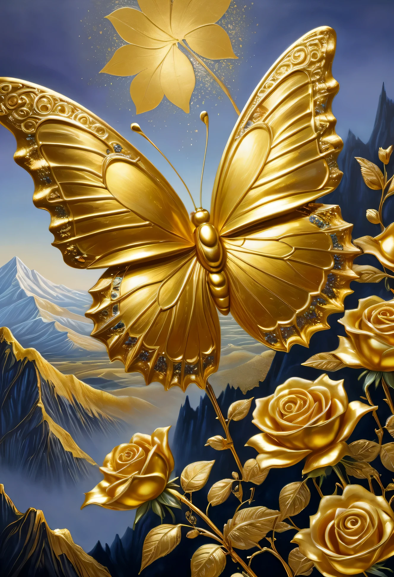 ((Gold leaf art:1.5)), art, (masterpiece),(Best quality:1.0), (ultra high resolution:1.0), detailed painting, intricate, painting of a butterfly perched on a gold rose, mountains in the background of gold, all gold:1.5, (( magical, Beautiful, otherworldly:1.4 )), (( Best quality, vibrant, 32k, well-defined light and shadows)).