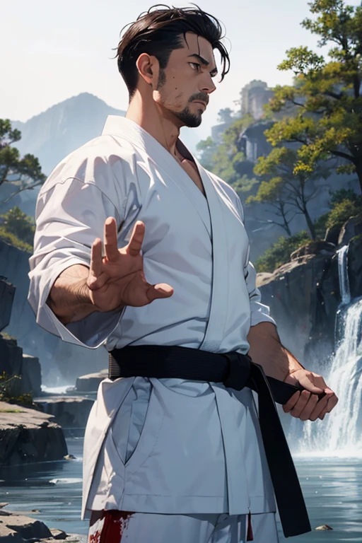 1man, white karate kimono, hardened veins,  blood, dojo scene, nature, from side, photoreal painting