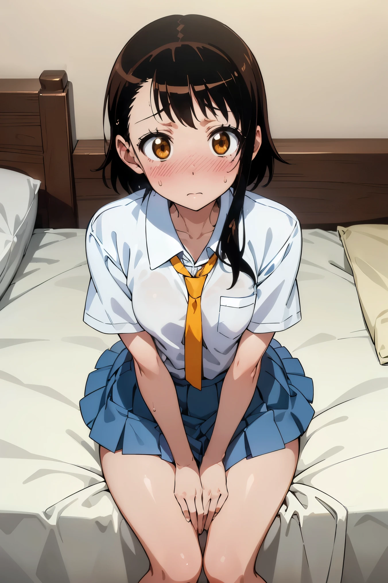 (masterpiece,highest quality,ultra high resolution),(perfect face, perfect body、perfect hands,pretty eyes),(kosaki onodera),(embarrassing、avert your eyes、blush:1.4),(small breasts),(uniform、Light blue collar、white shirt、Yellow tie、light blue pleated skirt、white socks),(love nest,Double bed、on the bed、sit:1.2),(Sweat、Sweatばむ、burn)