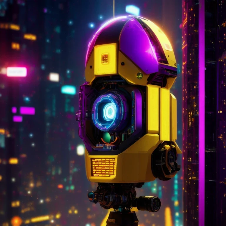 late night，cyberpunk lamp（（（Side view）））side close-up，a close up of a robot with a glowing head and a purple background, cyber mech, in style of beeple, cyberpunk pikachu, style hybrid mix of beeple, 3 d render beeple, cute elaborate epic robot, beeple masterpiece, cyberpunk art style, yellow mech, beeple!!, cyber steampunk 8 k 3 d（（（future）））（Telephoto angle of view）（Tilt-Shift）