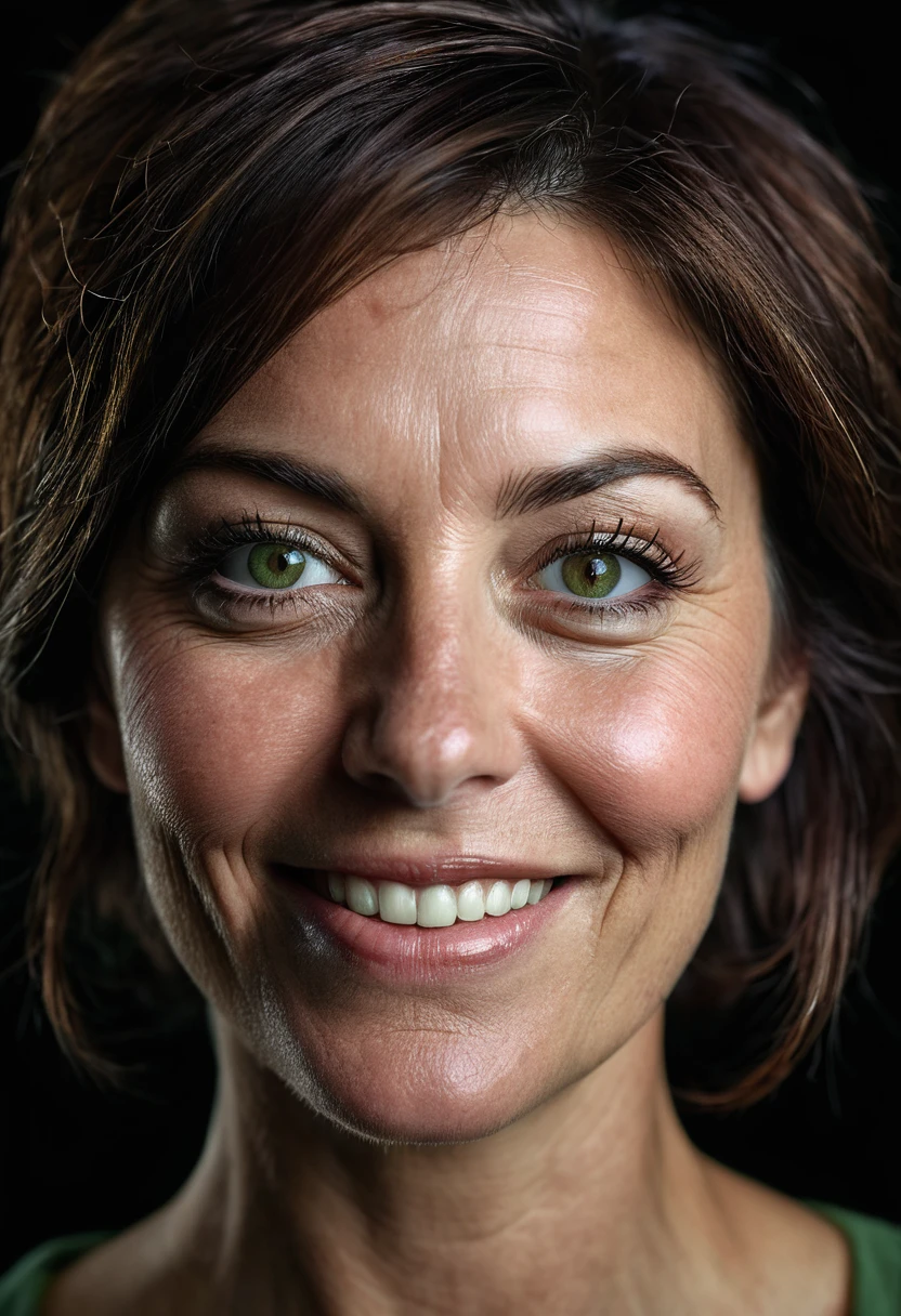 (close up, editorial photograph of a 40 year old woman), short dark brown hair, green eyes, (highly detailed face:1.4) (Smile:0.7) (dark background, moody, private study:1.3) POV, by Lee Jeffries, Nikon D850, film stock photography, 4Kodak Portra 400 camera, f1.6 lens, rich colors, hyper-realistic, realistic texture, dramatic lighting, Cinemastill 800