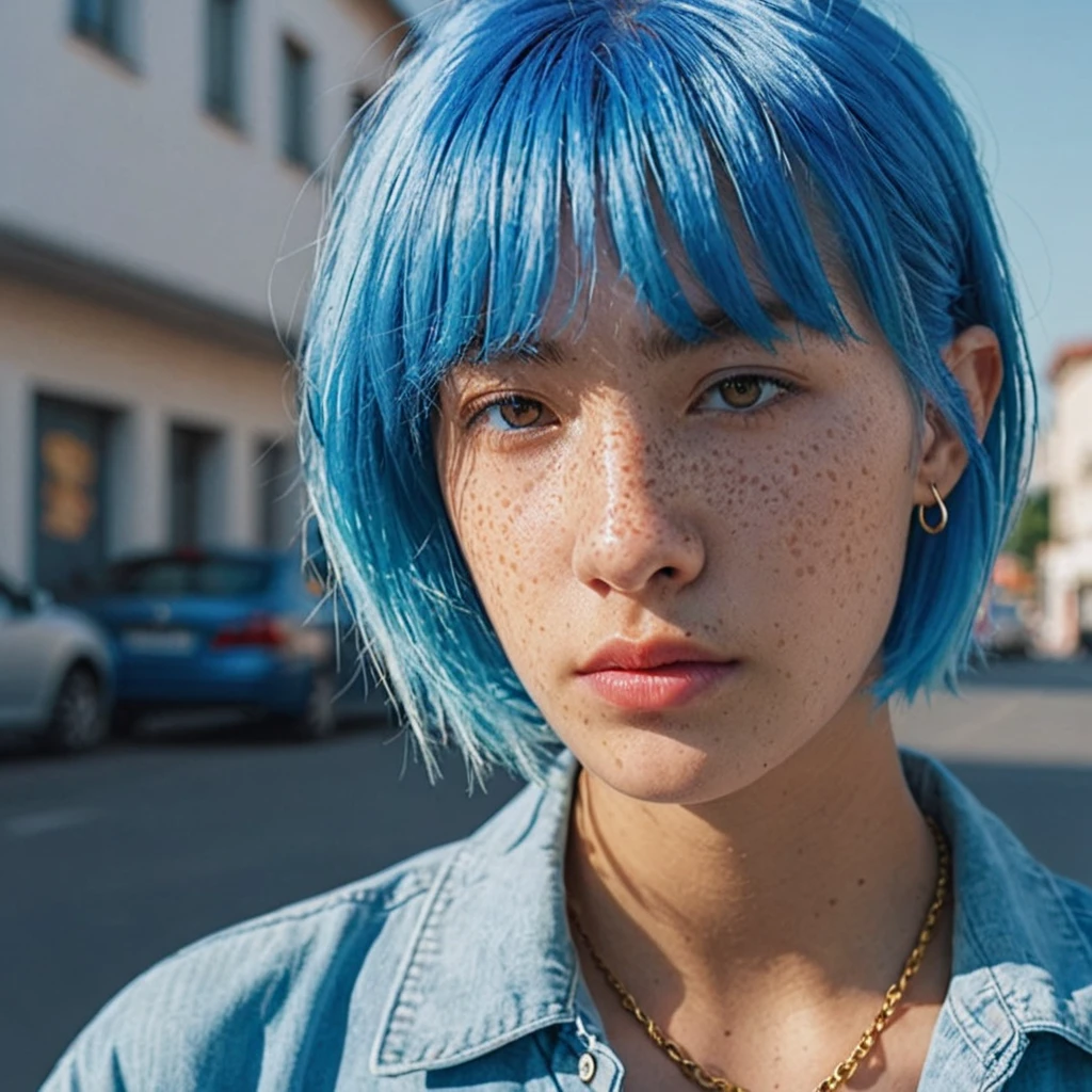 Blue hair shaved head Best anamorphic lens photography 50mm lens Close-up of a woman with freckles。In the background, the morning sun shines on her hair.、background is blurry。Hip-hop fashion。fashionable。NIKE sneakers。The whole body is visible。healthy tanned skin