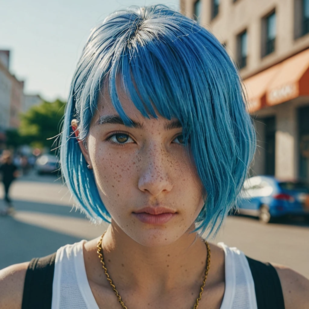 Blue hair shaved head Best anamorphic lens photography 50mm lens Close-up of a woman with freckles。In the background, the morning sun shines on her hair.、background is blurry。Hip-hop fashion。fashionable。NIKE sneakers。The whole body is visible。healthy tanned skin