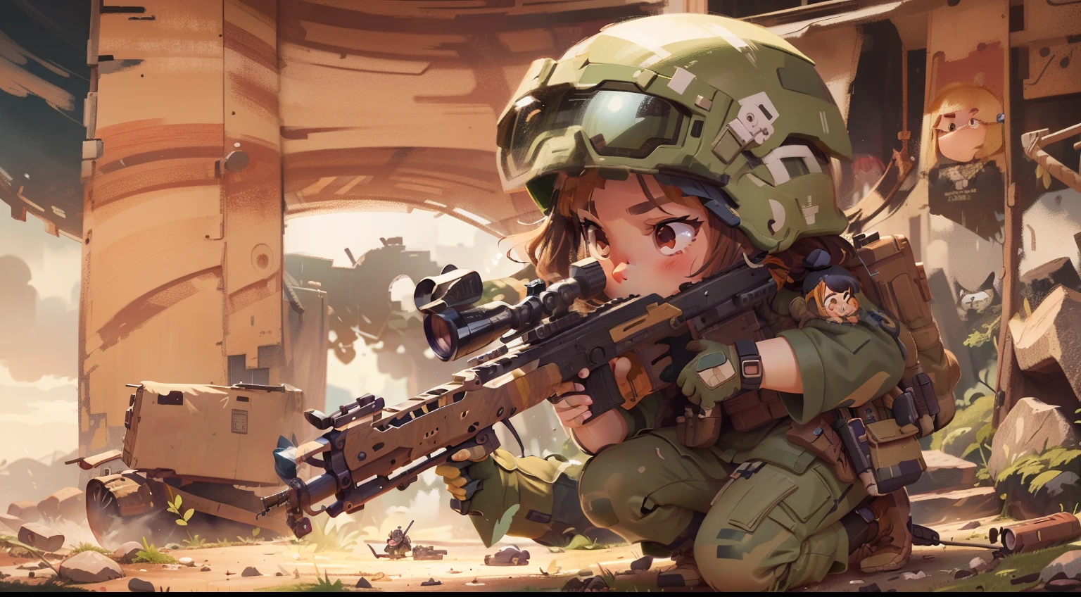 Anime girl kneeling on the ground holding a rifle, mechanized soldier girl, infantry girl, soldier girl, sniper girl in war, anime style 4k, Lovely and detailed digital art, Badass Anime 8K, Kushat Kenzi, Detailed digital animation art, Anime Machine Gun Shooting, Maple Story Gun Girl, stylized anime, Advanced Digital Chibi Art