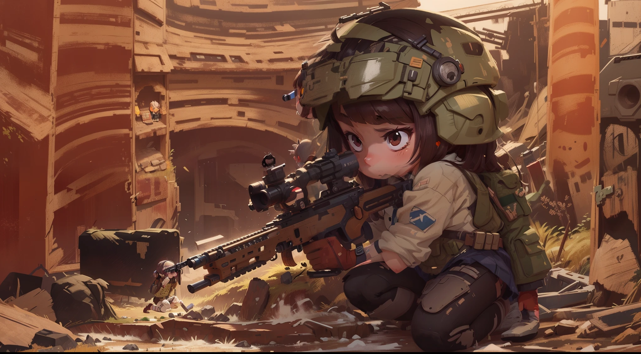 Anime girl kneeling on the ground holding a rifle, mechanized soldier girl, infantry girl, soldier girl, sniper girl in war, anime style 4k, Lovely and detailed digital art, Badass Anime 8K, Kushat Kenzi, Detailed digital animation art, Anime Machine Gun Shooting, Maple Story Gun Girl, stylized anime, Advanced Digital Chibi Art