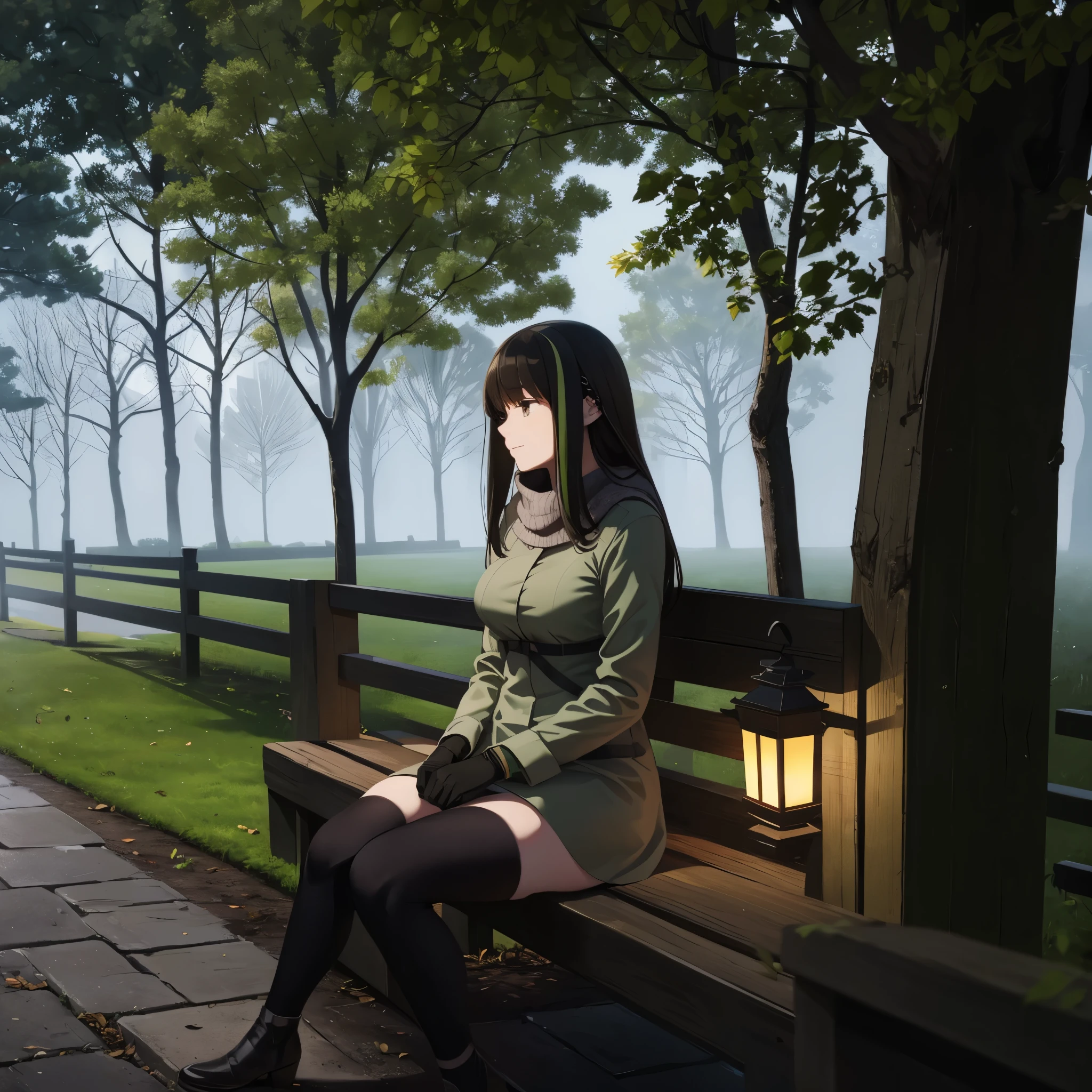 (best quality,4k,8k,highres,masterpiece:1.2),ultra-detailed,(realistic,photorealistic,photo-realistic:1.37),portraits,A woman wearing a black cold coat with green details,black hair with green bangs,brown eyes,smiling,(just a woman),holding an m4a1,in a park at night,colored lights,glowing street lamps,falling leaves,foggy atmosphere,peaceful and serene setting,soft shadows,crisp air,eerie mood,silence of the night,subtle reflections on the ground,dark shades of green,subtle moonlight piercing through the trees,calm and stillness,empty park benches,hushed whispers of the wind,subtle rustling of leaves,calmness in the air,mystery in the darkness.