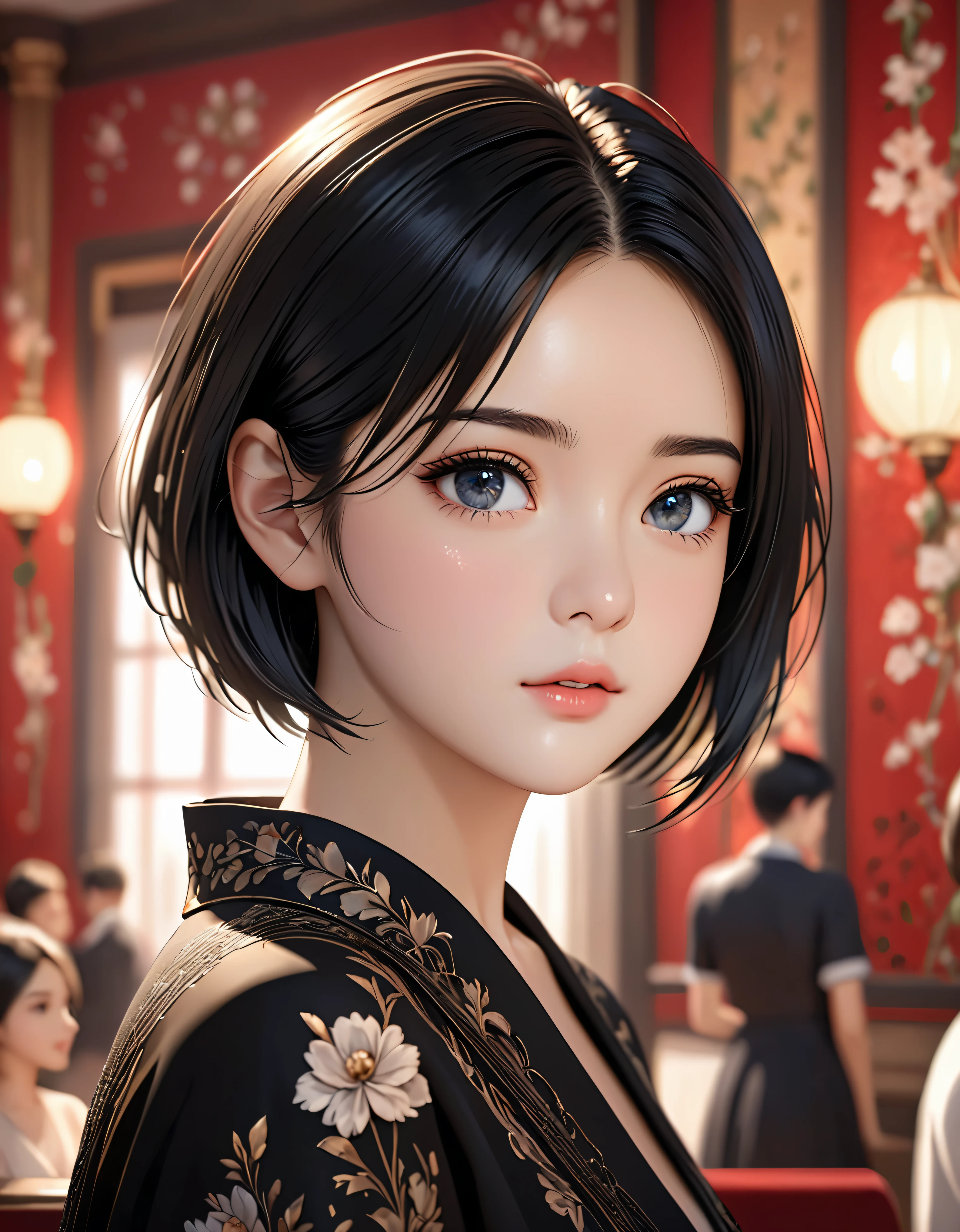 {masterpiece},{best quality},{1 girl}, charming, amazing, beautiful and delicate eyes, black eyes, short hair, black hair,fine details,depth of field,Extremely detailed CG,original, Very detailed wallpaper,Upper body, looking at the audience