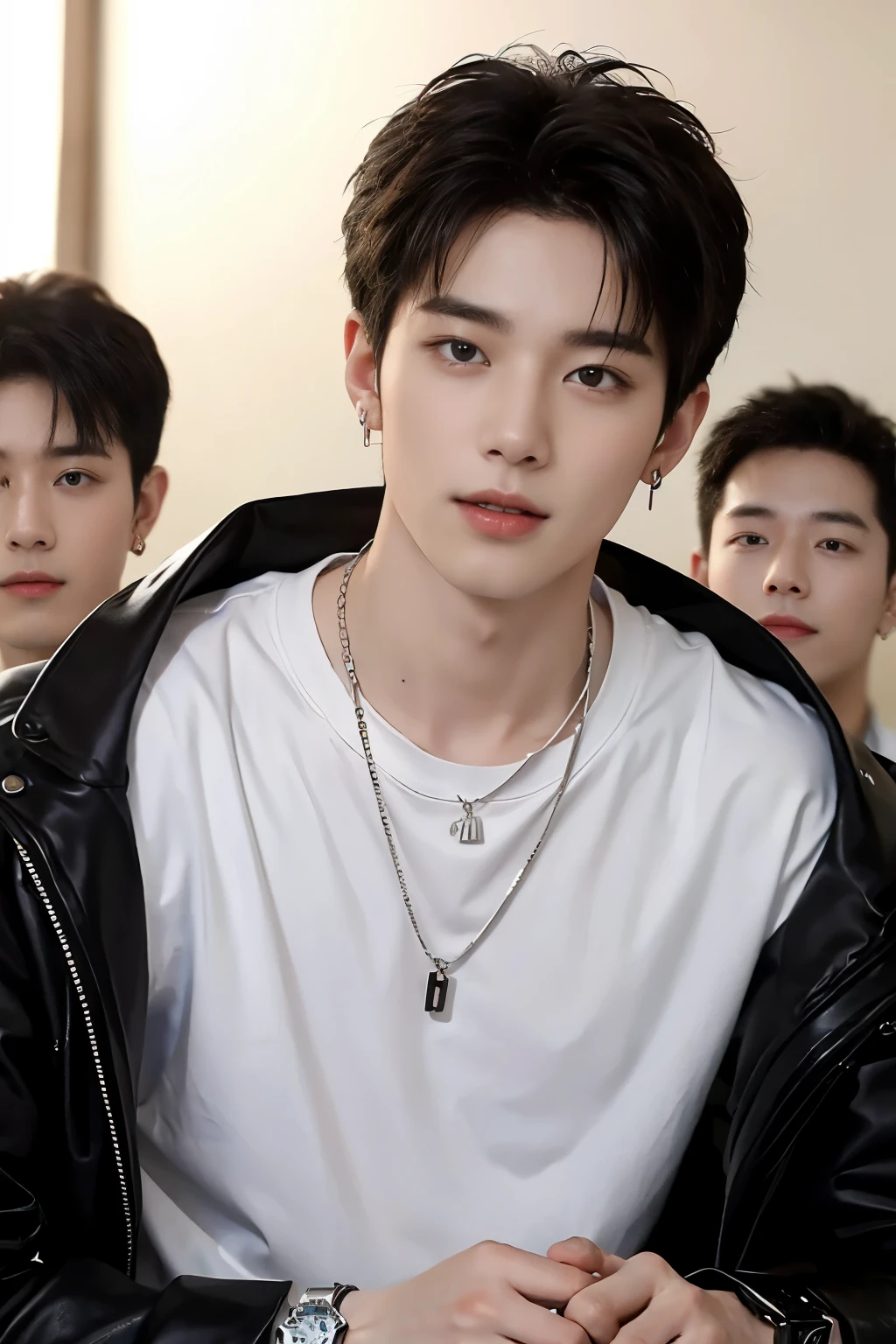 ((Best Quality, 8K, masterpiece: 1.3))、Cool Korean man, 20 year old man、Korean style long hair、Sturdy face、Handsome nose、Detailed eyes and face、Beautiful lighting、(studio)、High Resolution、 (visible to the audience)、mouth details、Thin Mouth、,Sorrisos、whole body: 1.5, perfect body figure: 1.picture of both shoulders:1.3, Wearing a White T-shirt and a casual Black coat:1.5, Accessories : (men's earrings, necklaces, men's rings, men's watches)