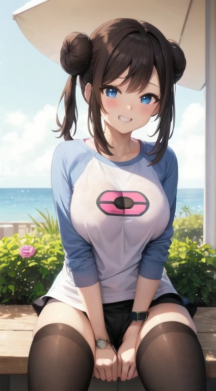 masterpiece, best quality, High resolution, b1, bun,brown hair,  blue eyes, Double tail,  black pantyhose, Raglan sleeves, shorts, shirt, 乳首がshirtから透けて見える、pink ribbon, watch, standing, Cowboy shooting, site, Monster Ball \(basic\), Grinning、(Rosa_Pokémon)、(((From the lower thigh)))、sit on face、我手里拿着大腿Monster Ball、(((The opening of your legs)))、underwear，droop，胸droop，乳首がshirtから透けて見える、sun hat