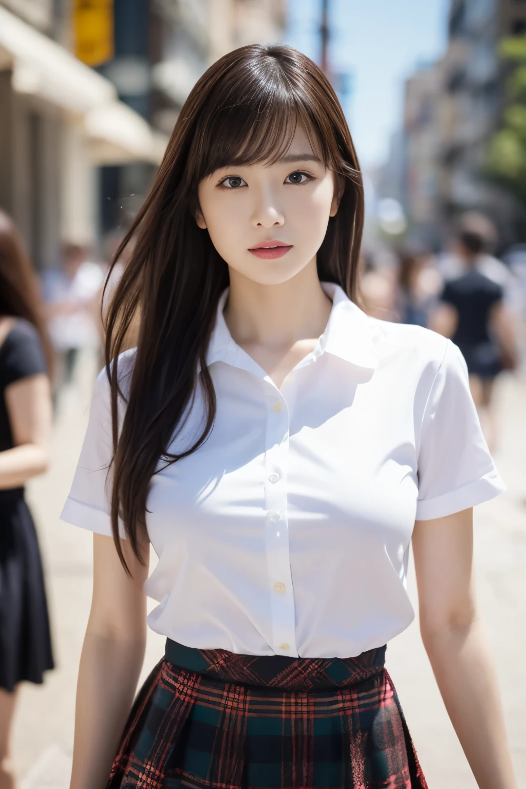 (Raw photo, highest quality), (realistic, Photo realistic: 1.3), highest quality, very detailed,8k RAW photo, highest quality, masterpiece, ultra high resolution, 3D, realistic, 1 girl, ((Beautiful woman walking in the city))、Walking towards the audience、((portrait))、japanese woman, serious face, black_hair, black_crew_collar, ponytail、up hair, short hair、nose, School_uniform,, natural skin texture, light brown_eye, detailed eyes and face, lips, lipstick, beautiful feet, huge breastss, (detailed background), plaid mini skirt, white shirt, Brown high heels、huge breasts,、blurred background,short sleeve、whole body、bright white lighting