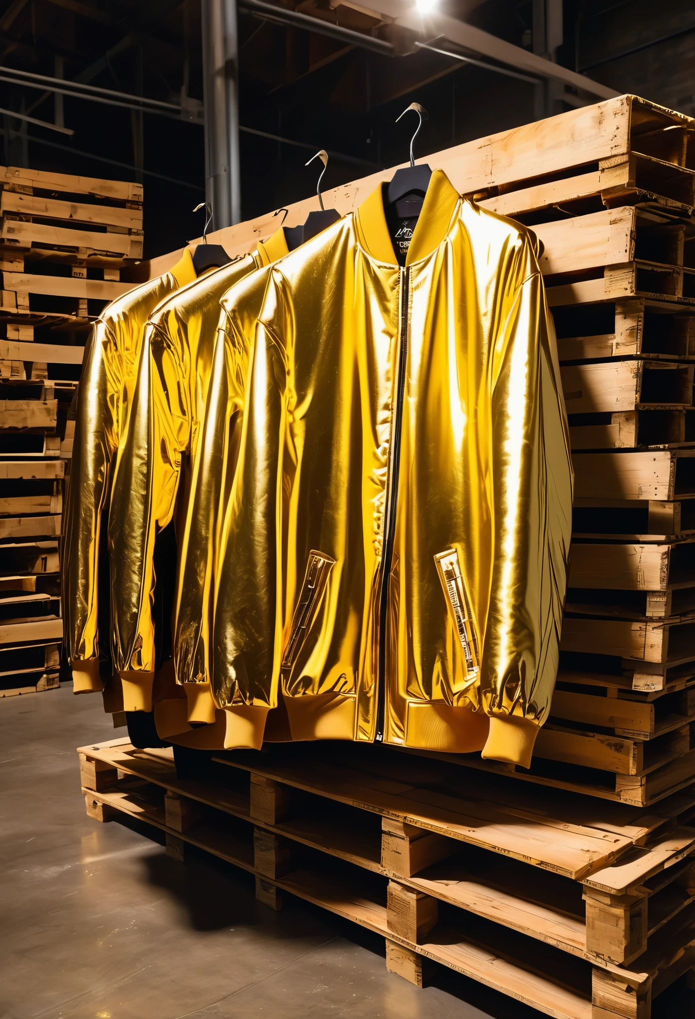 A rack of gold foil jackets in the style of an edgy streetwear photoshoot. The jackets have reflective surfaces and are hanging on wooden pallets. They look like they could be used for warmth or protection, but also look stylish and fashionable. In the background is an old warehouse with warm lighting that highlights the metallic sheen of each jacket.