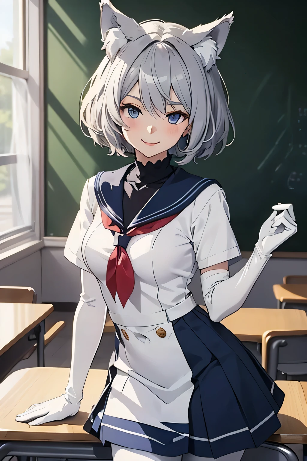 table top best image quality wonderful high detail One Young Woman((adult))anime style white sailor suit(No sleeve) navy blue mini skirt White long gloves(elbow gloves) white pantyhose(Plain color) wolf ears short hair((shortcut)(gray hair)(curly hair)(fluffy)) smile(Happy) eye color is blue background(classroom)