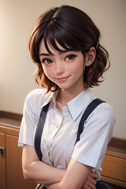 obra maestra, of the highest quality, Mejor calidad, 1 chica, solo, mirando al espectador, , rin tezuka, (amputado sin brazos:1.2), By the chestnut, Cuello, Cuelloed camisa, (doble amputado:1.2), ojos verdes, katawa shoujo, corbata roja, camisa, cabello corto, solo, white camisa,  lozhkin, sonrisa, dientes precisos con huecos 