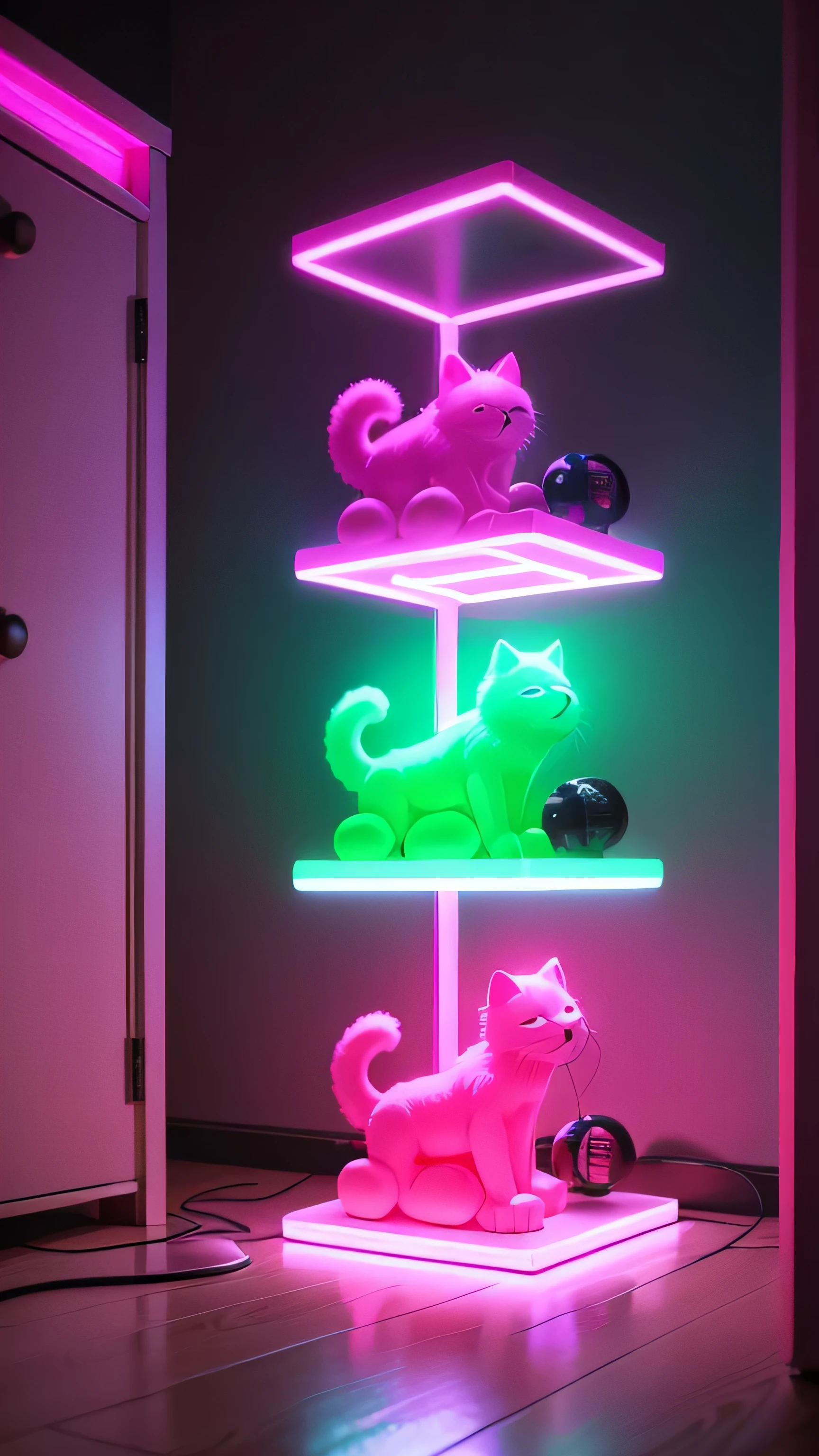 kong toy shelf with neon light, toy cat, pink neon color, 8k