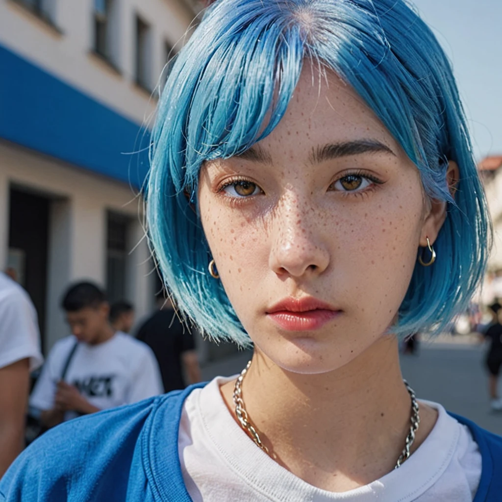 Blue haired shaved head Best anamorphic lens photography 50mm lens Close-up of a woman with freckles。In the background, the morning sun shines on her hair.、background is blurry。Hip-hop fashion。fashionable。NIKE sneakers。The whole body is visible。