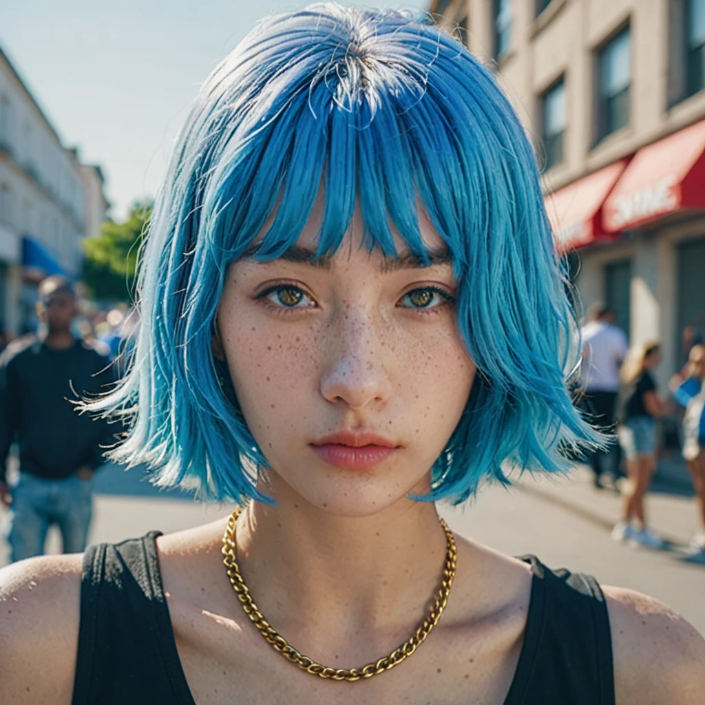 Blue haired shaved head Best anamorphic lens photography 50mm lens Close-up of a woman with freckles。In the background, the morning sun shines on her hair.、background is blurry。Hip-hop fashion。fashionable。NIKE sneakers。The whole body is visible。