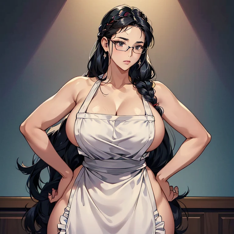 (anime moe style)),((game CG)),(masterpiece),(highest quality), (Super detailed),shape,((very delicate and beautiful)),　,sharp look,looking at the viewer,(((24 year old female)),((whole body)),detailed face and eyes,Intense eyes like jewels,(loosely braided long hair),,,(super huge breasts,long and slightly saggy breasts,）　　　　plump body　black hair, black eyes　　 Female teacher, hands on hips, glasses, intimidation, nude apron