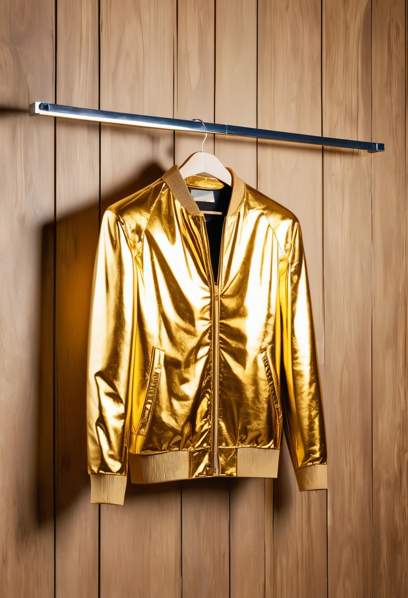 A rack is made from golden foil, on wooden hangers in an industrial setting. The gold leaves and shiny surface of the create an atmosphere reminiscent of midcentury modern fashion photography. It is illuminated in the style of bright lighting that highlights its texture and shimmer.