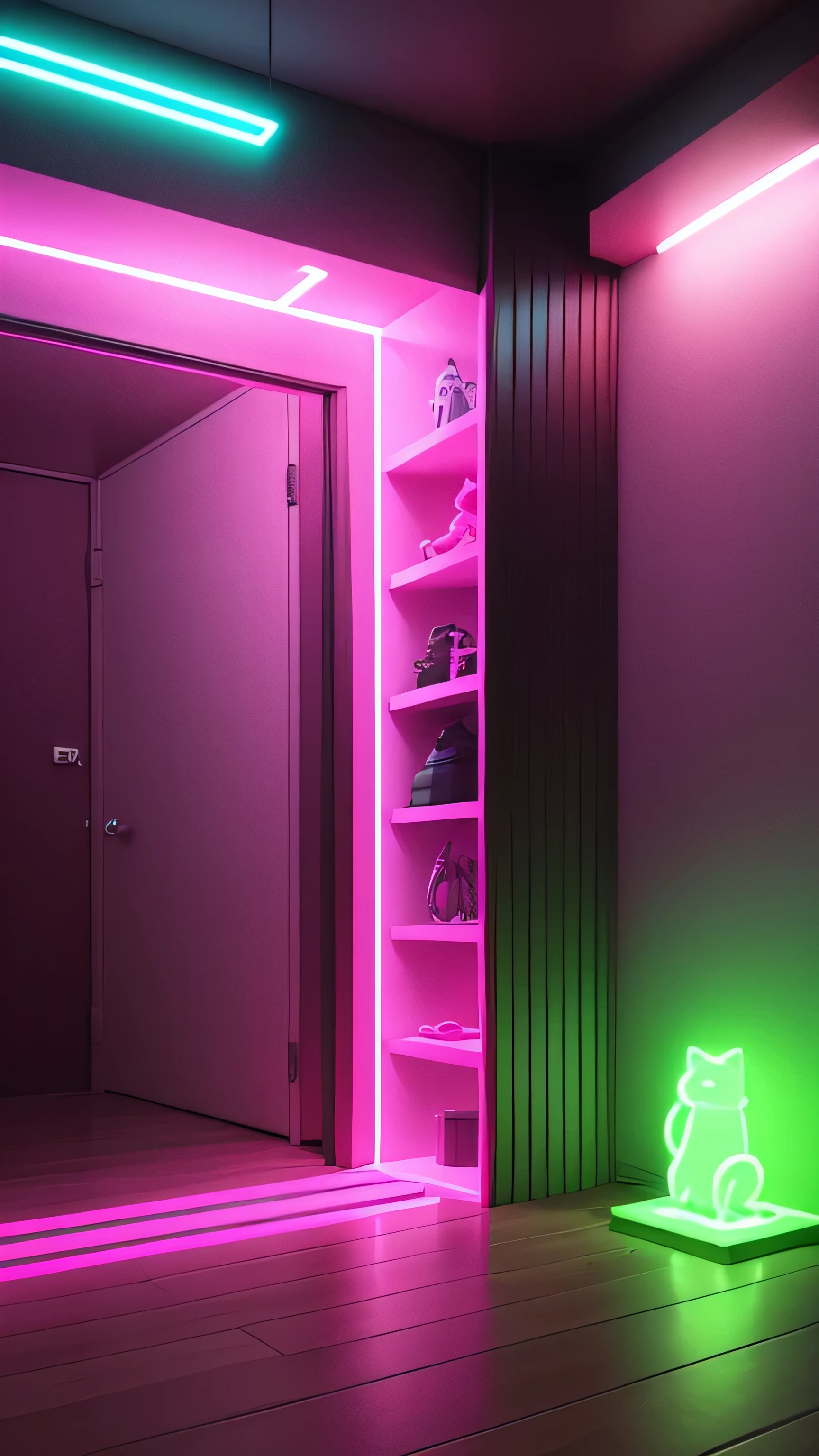 kong toy shelf with neon light, toy cat, pink neon color, 8k