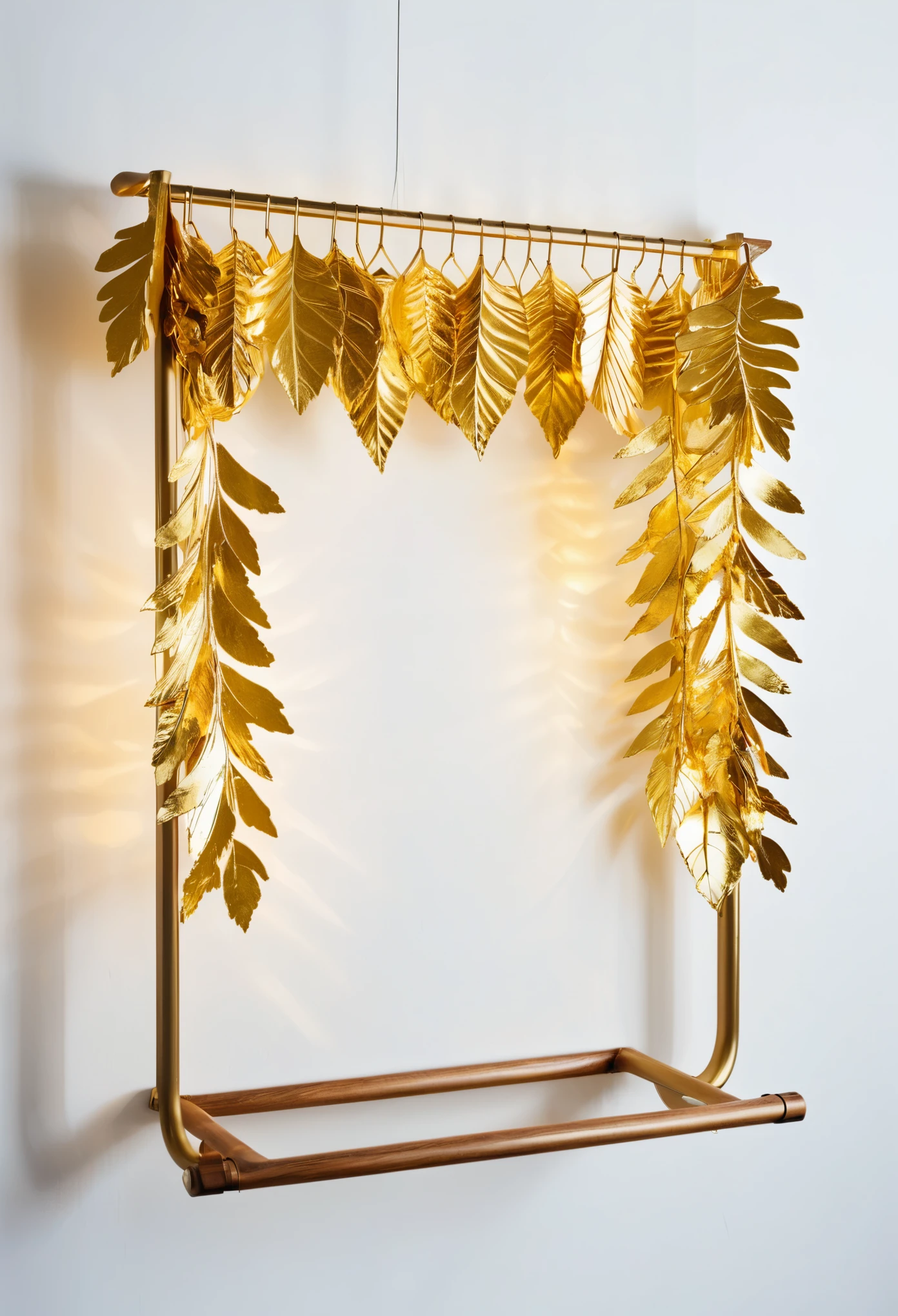 A rack is made from golden foil, on wooden hangers in an industrial setting. The gold leaves and shiny surface of the create an atmosphere reminiscent of midcentury modern fashion photography. It is illuminated in the style of bright lighting that highlights its texture and shimmer.