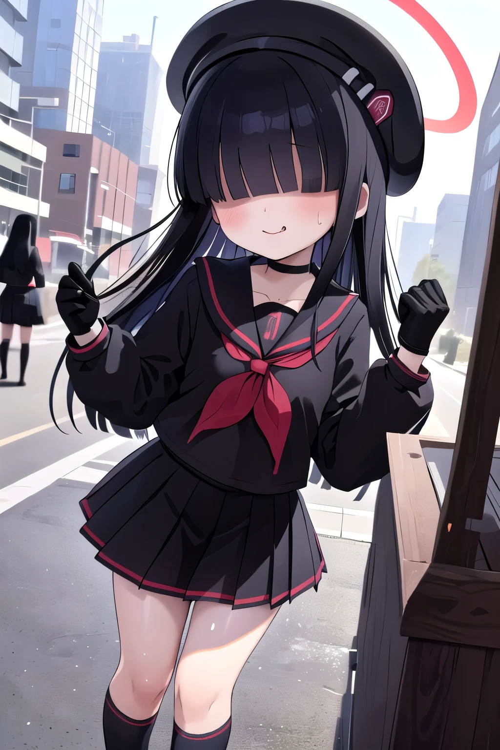 jtfmob,halo,hair over eyes,black hair,long hair,beret,black serafuku,black shirt,long sleeves,black miniskirt,choker,black gloves,black socks,black shoes,outdoors,cityscape,sweat,light smile,