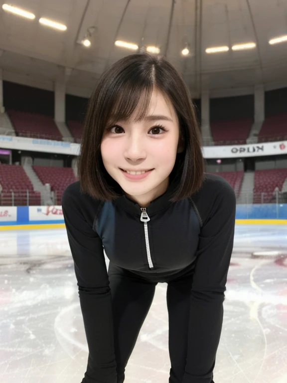 (kawaii 24 year-old Japanese girl, Nogizaka idol, Korean idol), healthy female figure skater, athletic body, (glossy black hair, messy very short hair, messy pixie cut, symmetric hair length, even length hair edges:1.3), (bangs), (extra rounded face, black eyes, single eyelid, no makeup, soft smiling:1.2), (wearing long sleeved black training half zip tops, black sports leggings:1.3), (flat chest, extra small breasts:0.8), thigh gap, (looking at viewer:1.2), BREAK, (skating at ice skate arena:1.3), (angle from below, view from diagonally forward, standing, lean forward, stretching both arms and put two hands on her knees:1.3), BREAK, (masterpiece, best quality, photo realistic, official art:1.4), (UHD, 8K quality wallpaper, high resolution, raw photo, golden ratio:1.2), (shiny skin), professional lighting, physically based rendering, award winning, (perfect anatomy, highly detailed skin, extremely detailed face and eyes), Carl Zeiss 300 mm F/2.8, depth of field, 1girl, solo,