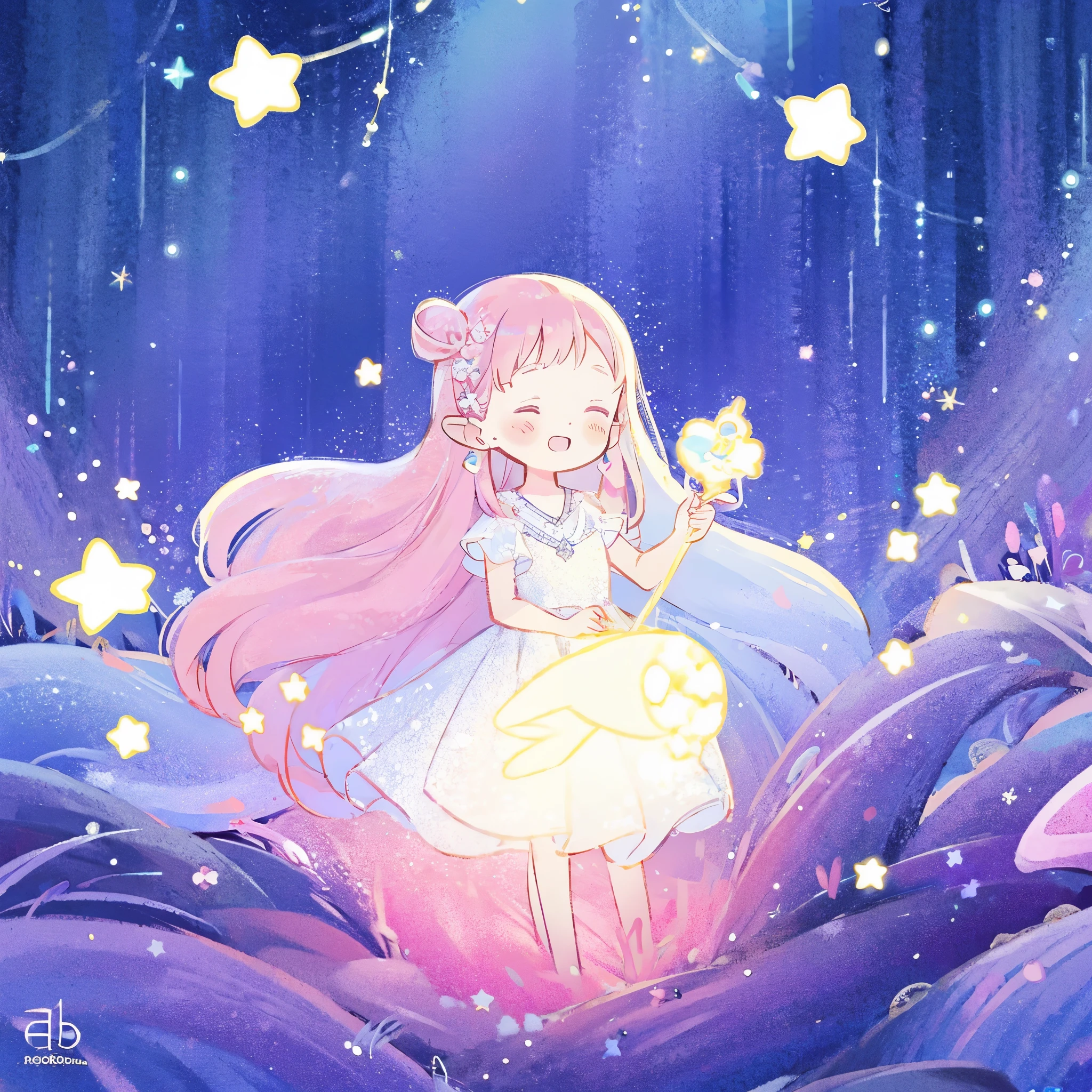 complex background, wishing star background, a woman wearing an ethereal mystical pink translucent dress that reflects the stars, perfume promo art, mystic, complex drawing, highly detailed, Covergirl brand, promo art, artistic rendition, ethereal, starry night, midjourney style