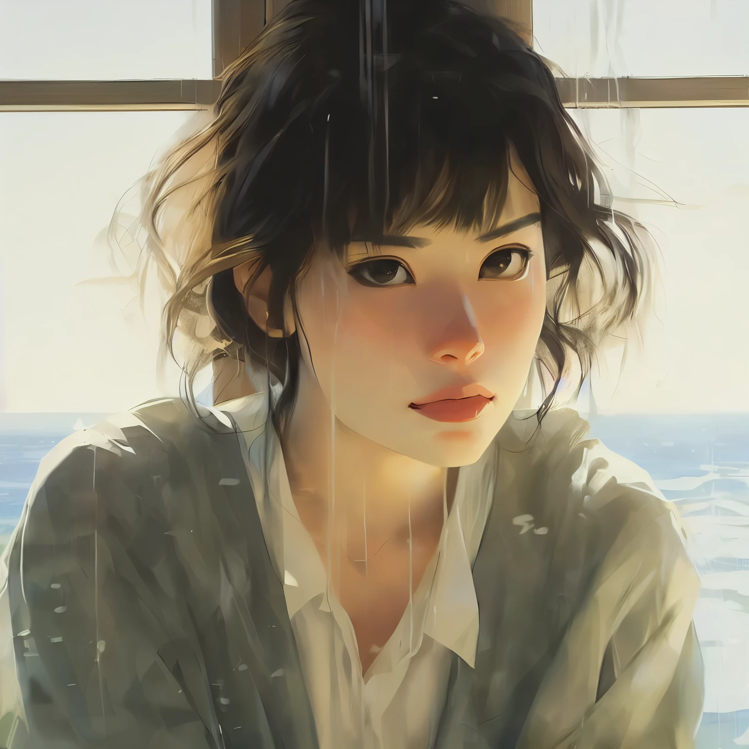 pintura de uma mulher olhando pela janela com vista para o oceano, por Hiro Yamagata, por Kano Naizen, reflections. por Makoto Shinkai, makoto shinkai. Alto detalhe, Makoto Shinkai e Tom Bagshaw, Hiroya oku pintor, studio lightly makoto shinkai