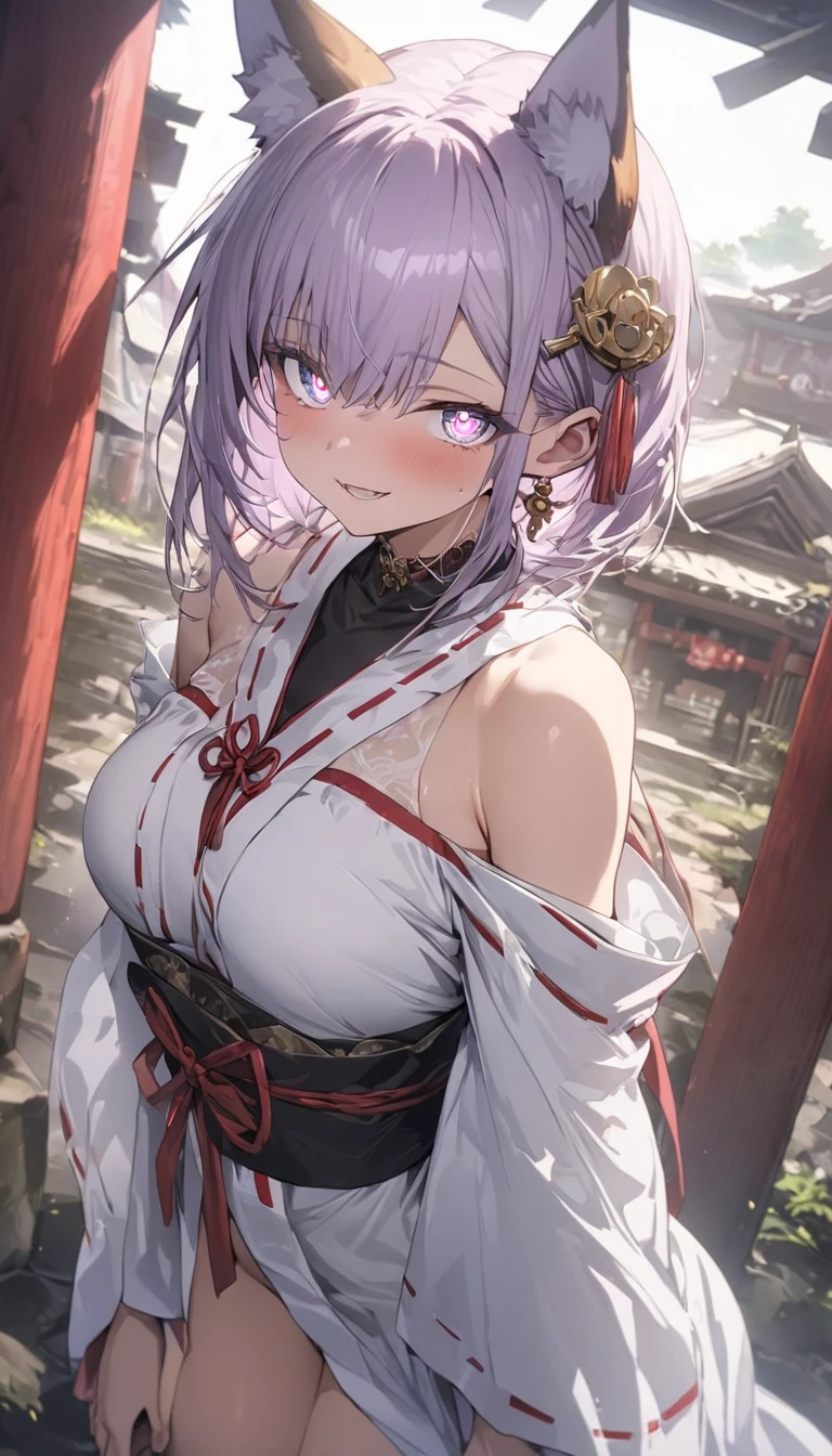 (highest quality:1.4), (highest quality、masterpiece、High resolution、detailed)､(Shining eyes、detailed美しい顔)､High resolution, masterpiece,anime, BREAK,, 1 girl,, light purple hair, purple eyes, (kemomimi), medium breasts, Bare slim thighs,, hair ornaments, (red|White shrine maiden costume), removed sleeve,, red面,, lanthanum, shrine,, detailed face,, 美しいanime,(Shining eyes、detailed美しい顔)､(highest quality、masterpiece、High resolution、detailed)