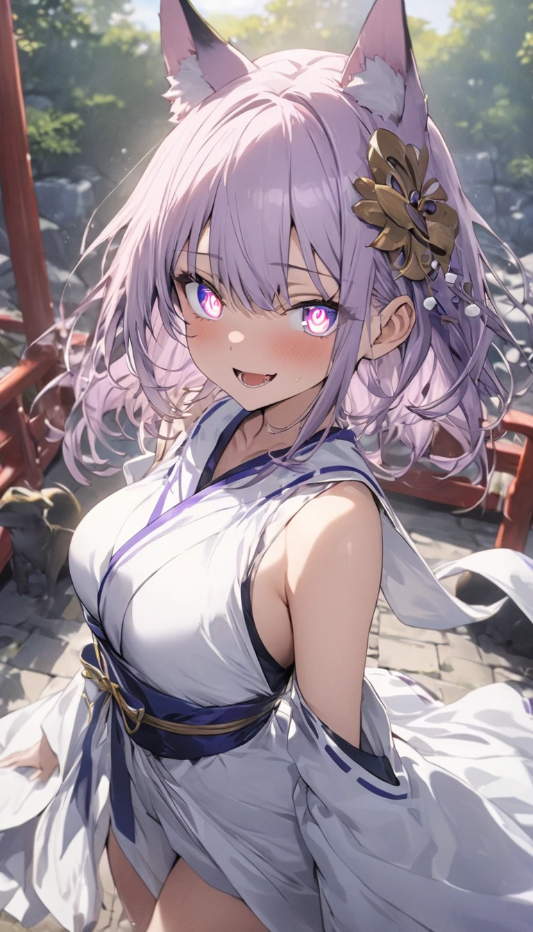 (highest quality:1.4), (highest quality、masterpiece、High resolution、detailed)、(Shining eyes、detailed美しい顔)、High resolution, masterpiece,anime, BREAK,, 1 girl,, light purple hair, purple eyes, (kemomimi), medium breasts, Bare slim thighs,, hair ornaments, (red|White shrine maiden costume), removed sleeve,, red面,, lanthanum, shrine,, detailed face,, 美しいanime,(Shining eyes、detailed美しい顔)、(highest quality、masterpiece、High resolution、detailed)